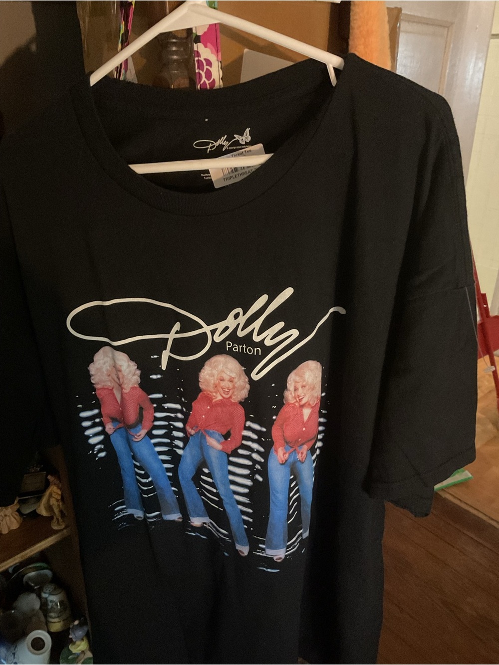 Dolly Parton Triple Threat Graphic Tee — Black with Red & Blue Size 2XL